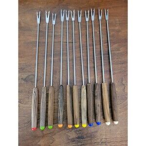 Set of 11 Vintage MCM Japan Kabob Stainless Steel Skewers Wood Colored End